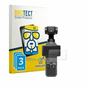 Vorderseite einer Produktverpackung mit dem Markenlogo BROTECT. Daneben ist das Gerät DJI Osmo Pocket 4 mit dem zugehörigen Di