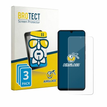 Parte frontal de un envase de producto con el logotipo de la marca BROTECT. Al lado se muestra el dispositivo Blackview Wave 1