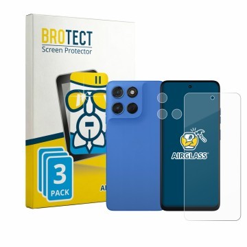 Face avant d’un emballage produit avec le logo de la marque BROTECT. À côté, l’appareil Motorola Moto G57 (Avant+Caméra) est r