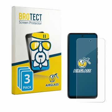 Front side of a product packaging with the brand logo BROTECT. Next to it is the device Motorola Moto G37 shown with the corre