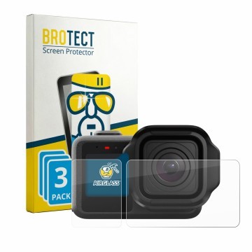 Parte frontal de un envase de producto con el logotipo de la marca BROTECT. Al lado se muestra el dispositivo GoPro Mission 1 