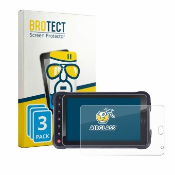 Parte frontal de un envase de producto con el logotipo de la marca BROTECT. Al lado se muestra el dispositivo Hugerock X72 con