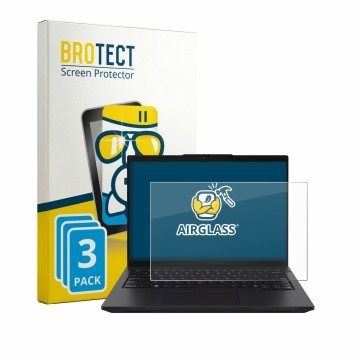 Parte frontal de un envase de producto con el logotipo de la marca BROTECT. Al lado se muestra el dispositivo Lenovo ThinkPad 