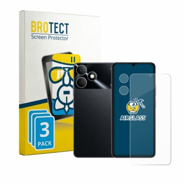 Parte frontal de un envase de producto con el logotipo de la marca BROTECT. Al lado se muestra el dispositivo realme Note 80 (