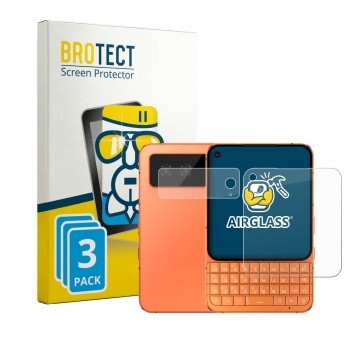 Parte frontal de un envase de producto con el logotipo de la marca BROTECT. Al lado se muestra el dispositivo Unihertz Titan 2