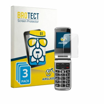 Vorderseite einer Produktverpackung mit dem Markenlogo BROTECT. Daneben ist das Gerät bea-fon SL645 mit dem zugehörigen Displa