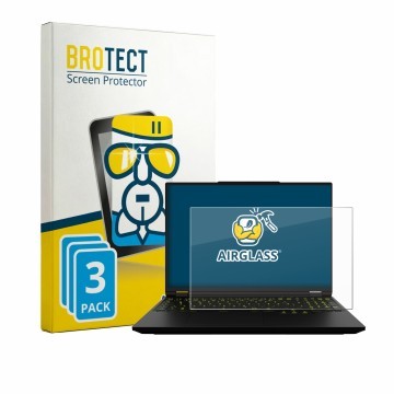 Parte frontal de un envase de producto con el logotipo de la marca BROTECT. Al lado se muestra el dispositivo XMG Neo 16 con s