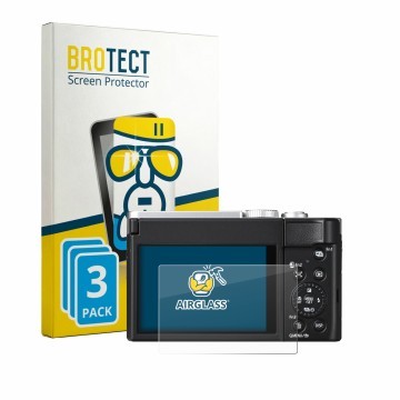 Face avant d’un emballage produit avec le logo de la marque BROTECT. À côté, l’appareil Panasonic Lumix DC-TZ99E-S est représe