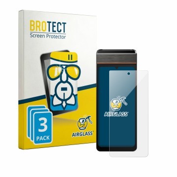 Vorderseite einer Produktverpackung mit dem Markenlogo BROTECT. Daneben ist das Gerät Sunmi V3e mit dem zugehörigen Displaysch