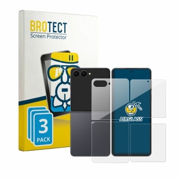 Face avant d’un emballage produit avec le logo de la marque BROTECT. À côté, l’appareil Samsung Galaxy Z Flip 8 (Avant+Arrière