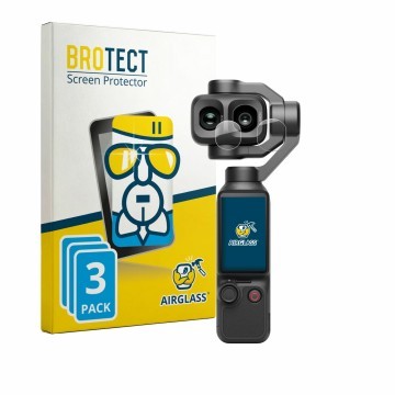 Parte frontal de un envase de producto con el logotipo de la marca BROTECT. Al lado se muestra el dispositivo DJI Osmo Pocket 