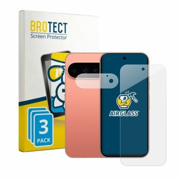 Vorderseite einer Produktverpackung mit dem Markenlogo BROTECT. Daneben ist das Gerät Google Pixel 11 Pro (Display+Kamera) mit