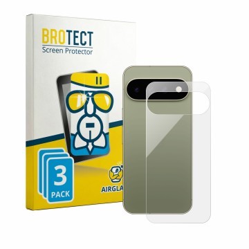 Vorderseite einer Produktverpackung mit dem Markenlogo BROTECT. Daneben ist das Gerät Google Pixel 11 Pro XL (Rückseite) mit d