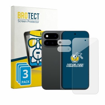 Parte frontal de un envase de producto con el logotipo de la marca BROTECT. Al lado se muestra el dispositivo Google Pixel 11 