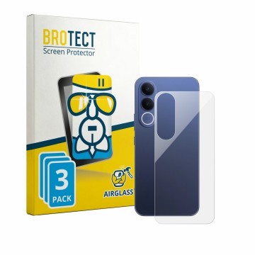 Front side of a product packaging with the brand logo BROTECT. Next to it is the device Vivo V70 FE (Back) shown with the corr