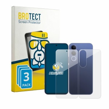 Front side of a product packaging with the brand logo BROTECT. Next to it is the device Vivo V70 FE (Front+Back) shown with th