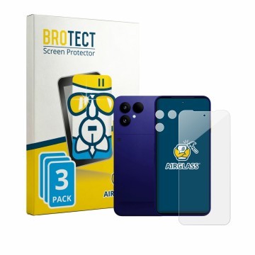 Parte frontal de un envase de producto con el logotipo de la marca BROTECT. Al lado se muestra el dispositivo Fairphone 6 Plus