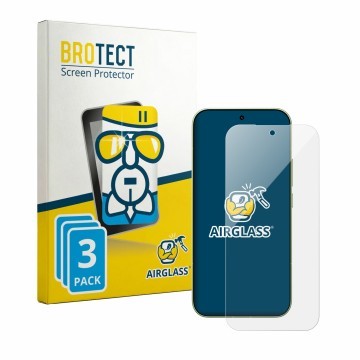 Front side of a product packaging with the brand logo BROTECT. Next to it is the device Xiaomi Poco F9 Pro shown with the corr