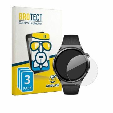 Face avant d’un emballage produit avec le logo de la marque BROTECT. À côté, l’appareil Huawei Watch 6 46 mm est représenté av
