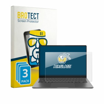 Parte frontal de un envase de producto con el logotipo de la marca BROTECT. Al lado se muestra el dispositivo ASUS Vivobook S1