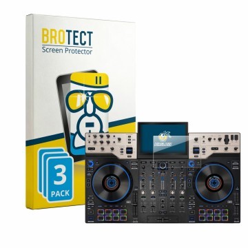 Front side of a product packaging with the brand logo BROTECT. Next to it is the device Denon DJ Prime 4 G2 shown with the cor