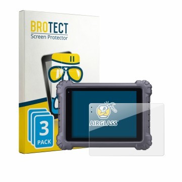 Front side of a product packaging with the brand logo BROTECT. Next to it is the device Autel MaxiSys MS909 shown with the cor