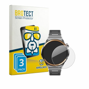 Vorderseite einer Produktverpackung mit dem Markenlogo BROTECT. Daneben ist das Gerät Huawei Watch 6 Pro 46 mm mit dem zugehör