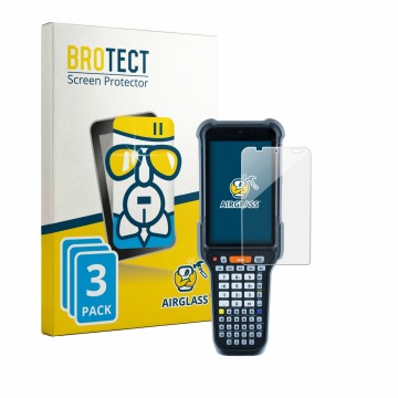Front side of a product packaging with the brand logo BROTECT. Next to it is the device Datalogic Falcon X65 shown with the co