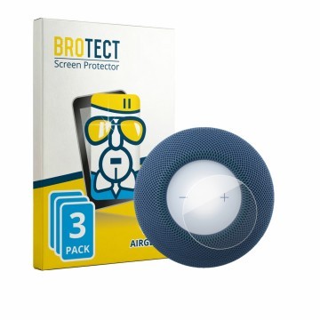 Face avant d’un emballage produit avec le logo de la marque BROTECT. À côté, l’appareil Apple HomePod mini 2 est représenté av
