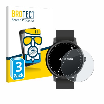 Front side of a product packaging with the brand logo BROTECT. Next to it is the device Watches (Circular, ø: 37 mm) shown wit