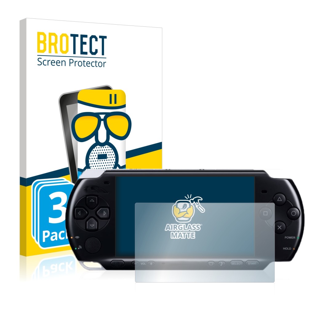 Front side of a product packaging with the brand logo BROTECT. Next to it is the device Sony PSP 3004 shown with the correspon