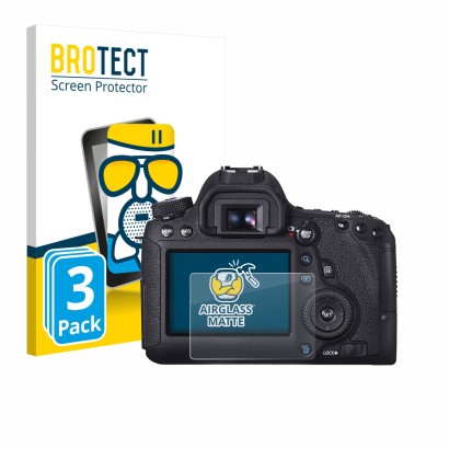 Parte frontal de un envase de producto con el logotipo de la marca BROTECT. Al lado se muestra el dispositivo Canon EOS 6D con