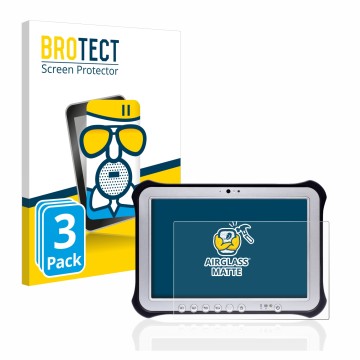 Face avant d’un emballage produit avec le logo de la marque BROTECT. À côté, l’appareil Panasonic Toughpad FZ-G1 est représent