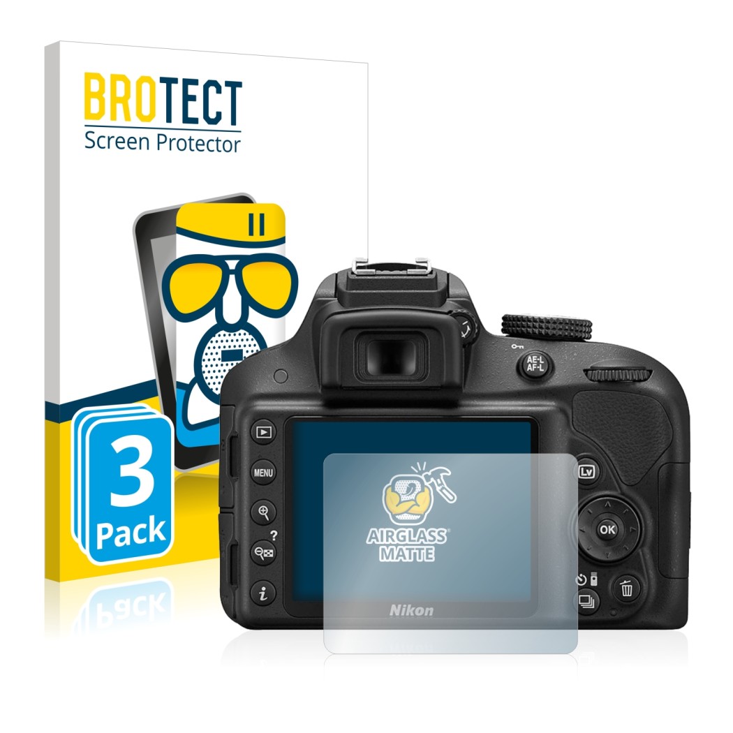 Parte frontale di una confezione del prodotto con il logo del marchio BROTECT. Accanto è raffigurato il dispositivo Nikon D330