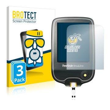 Vorderseite einer Produktverpackung mit dem Markenlogo BROTECT. Daneben ist das Gerät Freestyle InsuLinx mit dem zugehörigen D