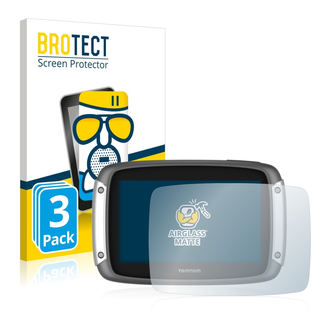 Vorderseite einer Produktverpackung mit dem Markenlogo BROTECT. Daneben ist das Gerät TomTom Rider 400 mit dem zugehörigen Dis