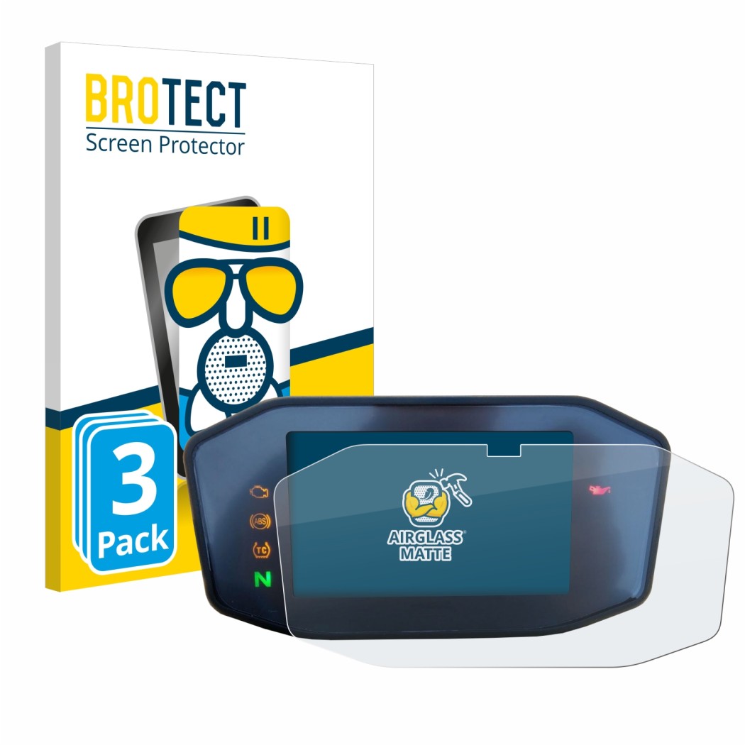 Parte frontal de un envase de producto con el logotipo de la marca BROTECT. Al lado se muestra el dispositivo KTM 690 Duke 201