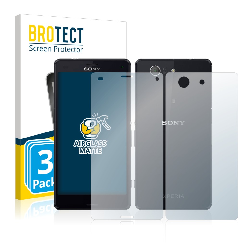 Vorderseite einer Produktverpackung mit dem Markenlogo BROTECT. Daneben ist das Gerät Sony Xperia Z3 Compact D5803 (Display+Rü