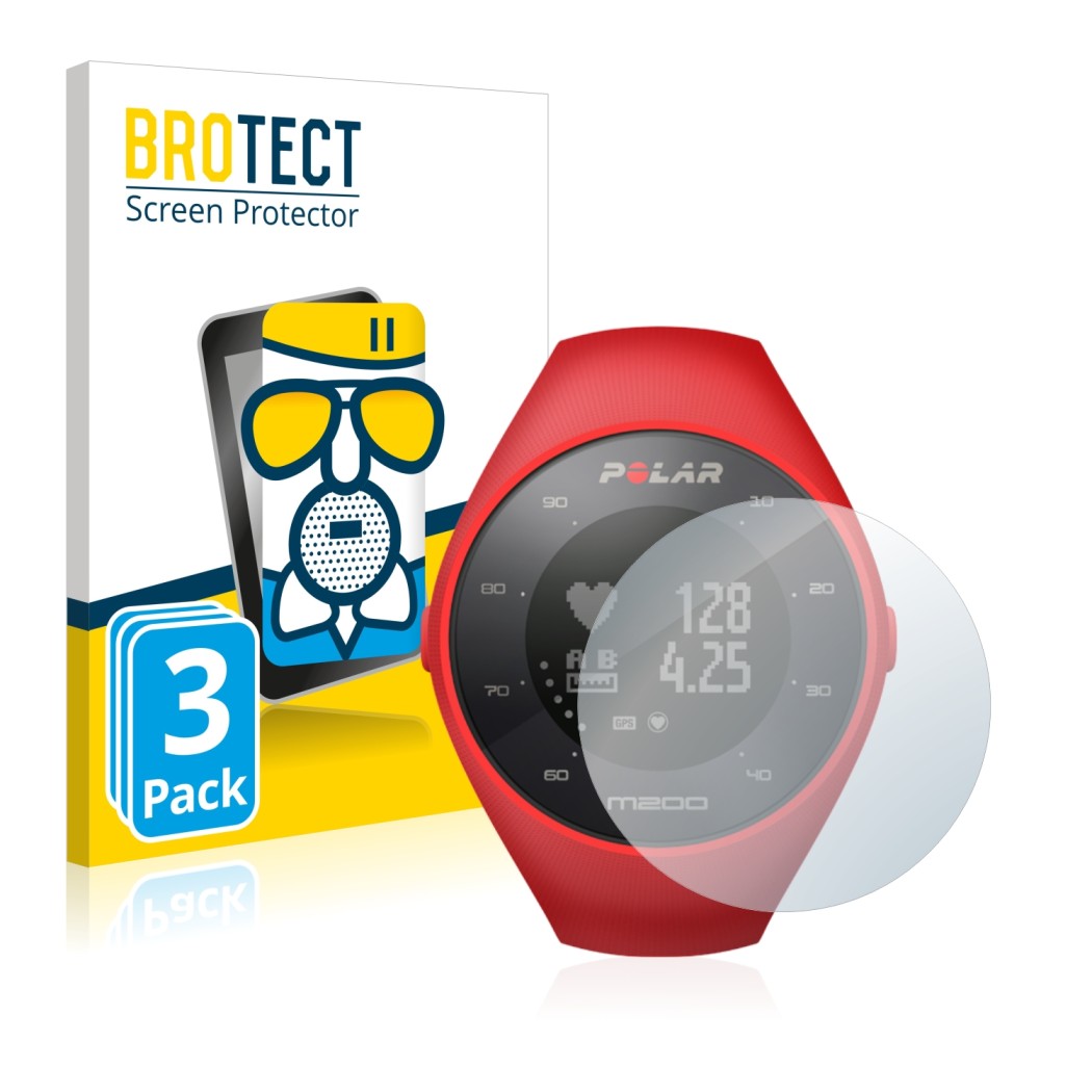 Front side of a product packaging with the brand logo BROTECT. Next to it is the device Polar M200 shown with the correspondin