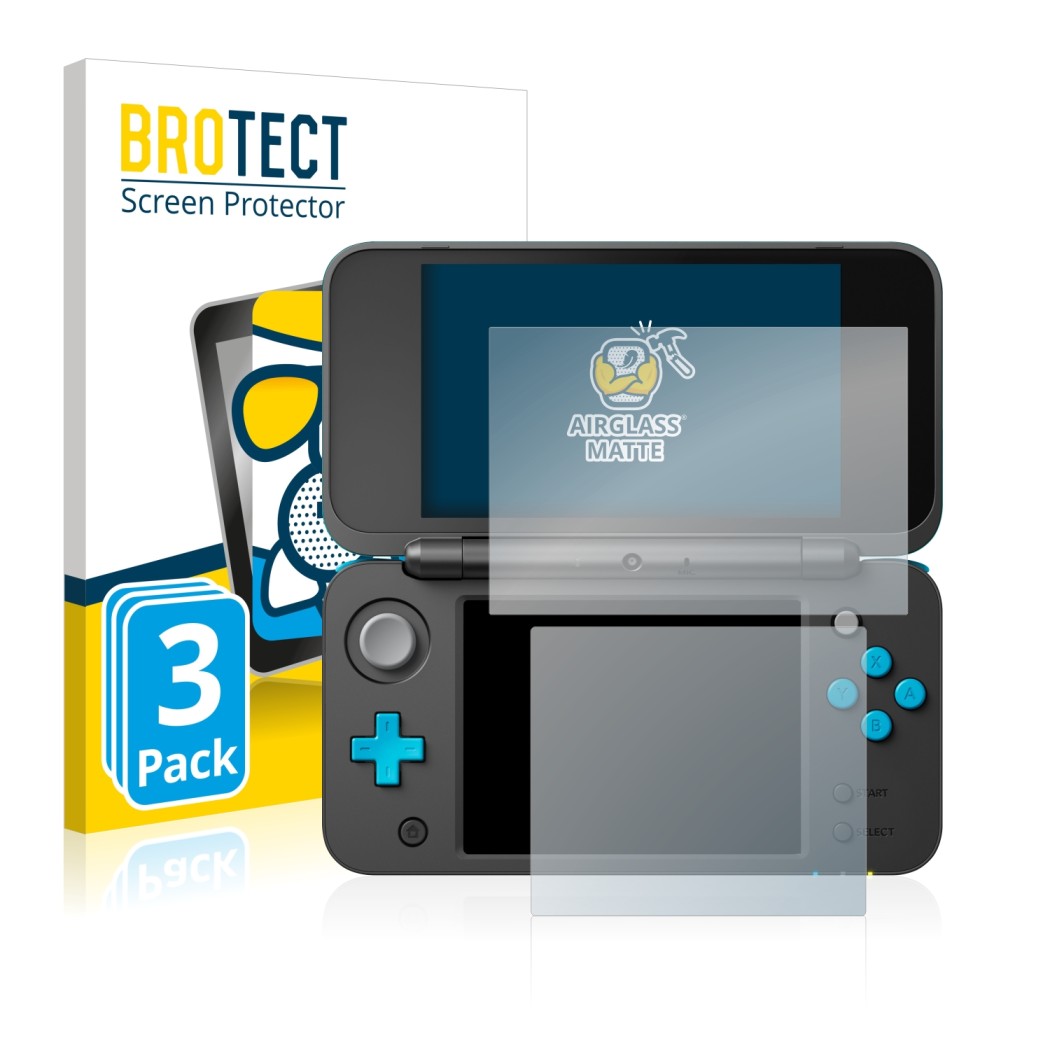 Face avant d’un emballage produit avec le logo de la marque BROTECT. À côté, l’appareil Nintendo 2DS XL est représenté avec la