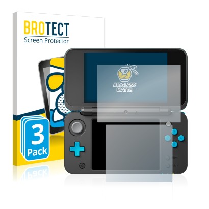 Face avant d’un emballage produit avec le logo de la marque BROTECT. À côté, l’appareil Nintendo 2DS XL est représenté avec la