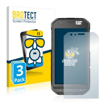 Front side of a product packaging with the brand logo BROTECT. Next to it is the device Caterpillar Cat S31 shown with the cor