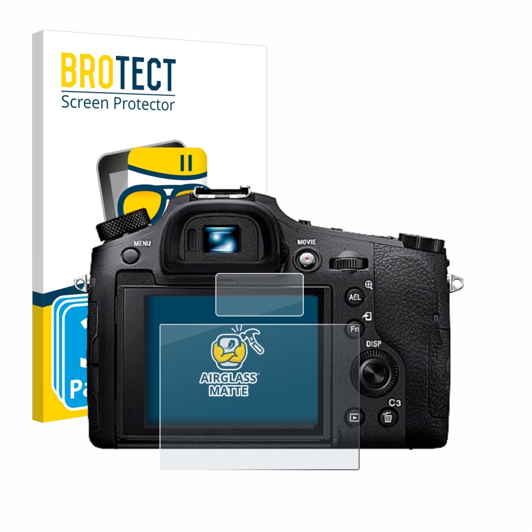 Front side of a product packaging with the brand logo BROTECT. Next to it is the device Sony Cyber-Shot DSC-RX10 IV shown with