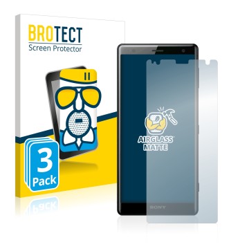 Face avant d’un emballage produit avec le logo de la marque BROTECT. À côté, l’appareil Sony Xperia XZ2 est représenté avec la