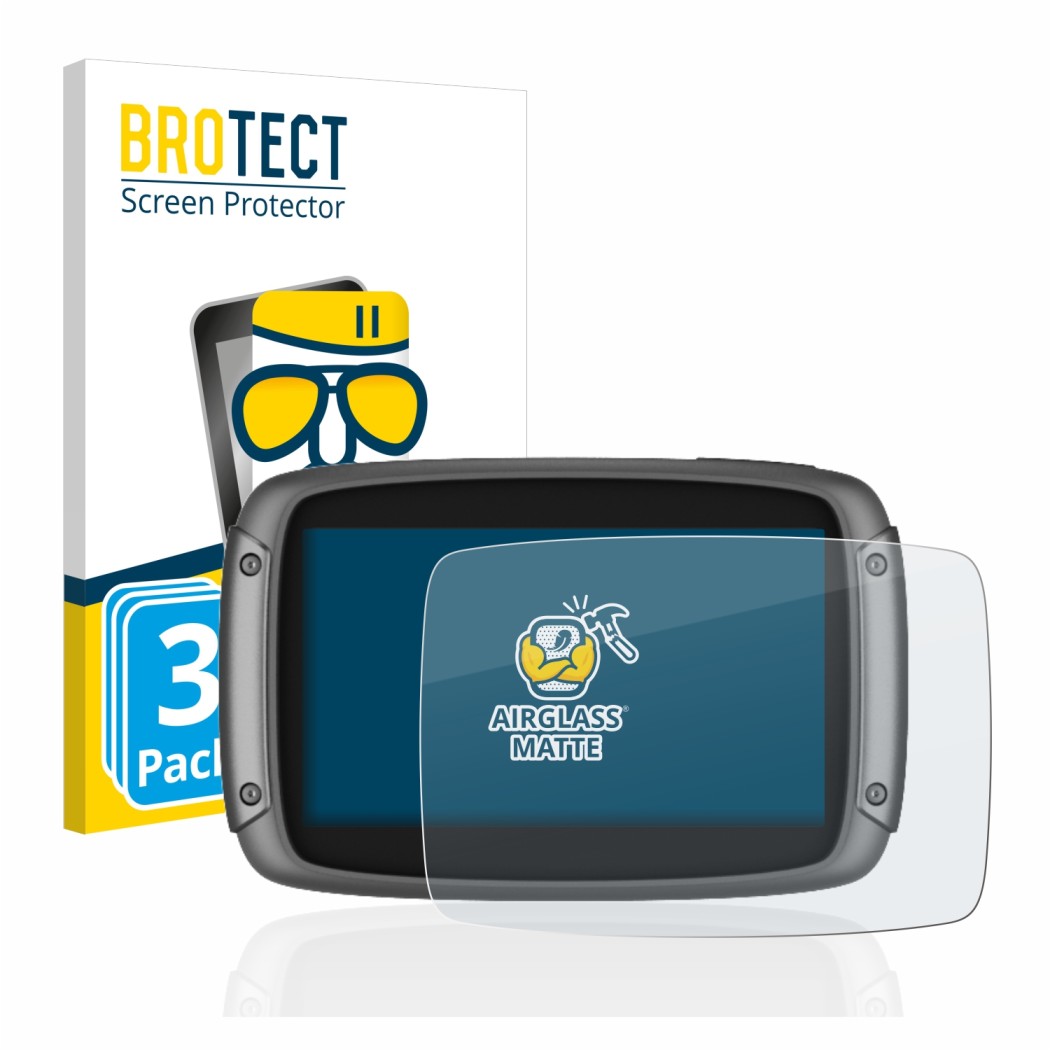 Front side of a product packaging with the brand logo BROTECT. Next to it is the device TomTom Rider 550 shown with the corres