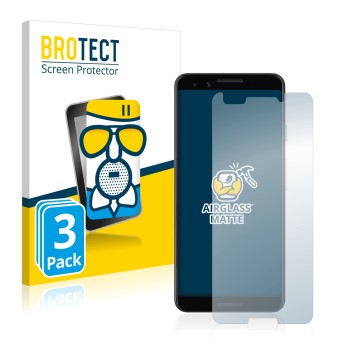 Front side of a product packaging with the brand logo BROTECT. Next to it is the device Google Pixel 3 shown with the correspo