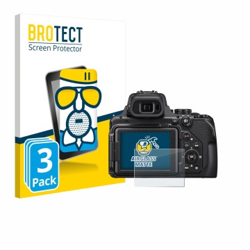 Front side of a product packaging with the brand logo BROTECT. Next to it is the device Nikon Coolpix P1000 shown with the cor