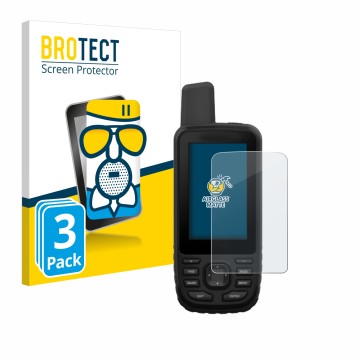 Front side of a product packaging with the brand logo BROTECT. Next to it is the device Garmin GPSMAP 66st shown with the corr