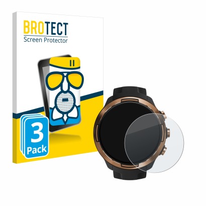 Front side of a product packaging with the brand logo BROTECT. Next to it is the device Suunto 9 Baro shown with the correspon