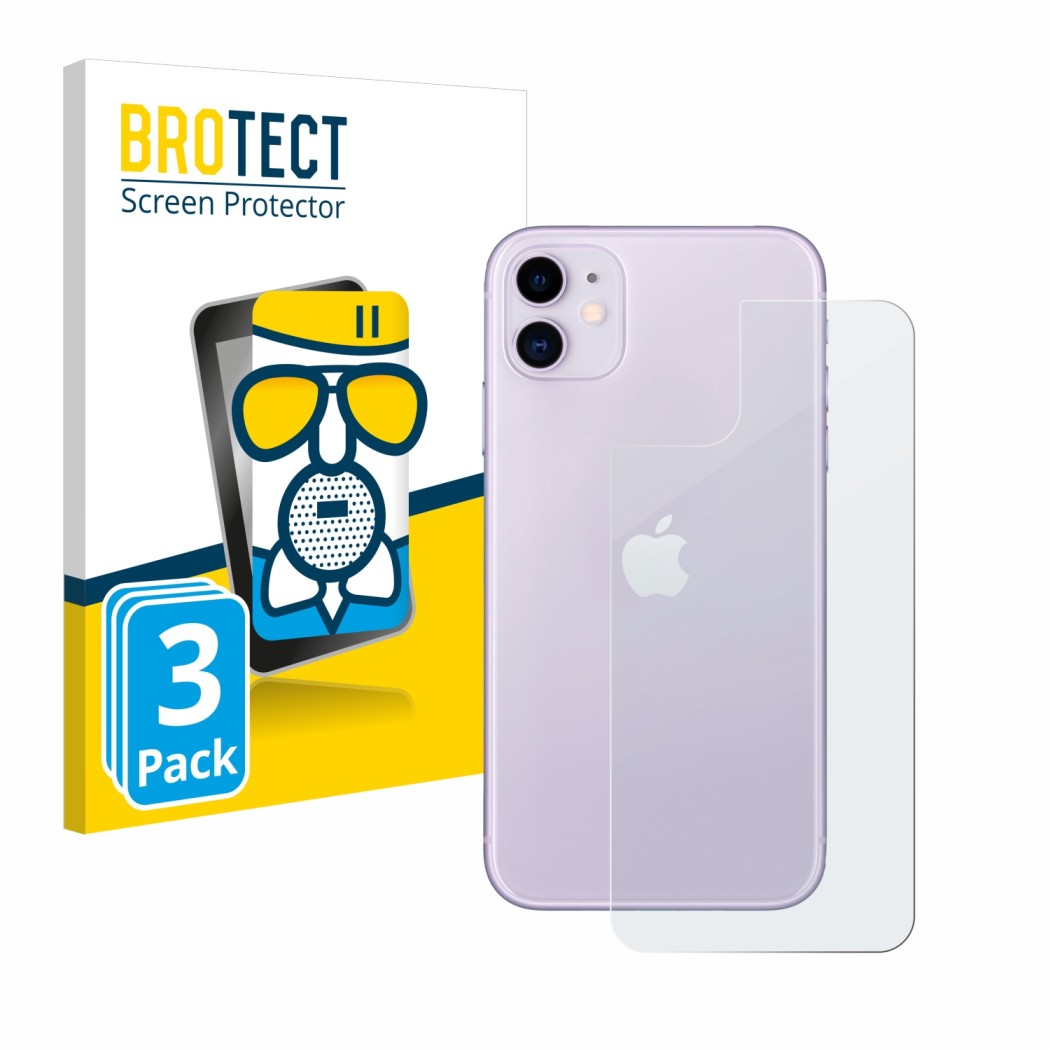 Parte frontal de un envase de producto con el logotipo de la marca BROTECT. Al lado se muestra el dispositivo Apple iPhone 11 